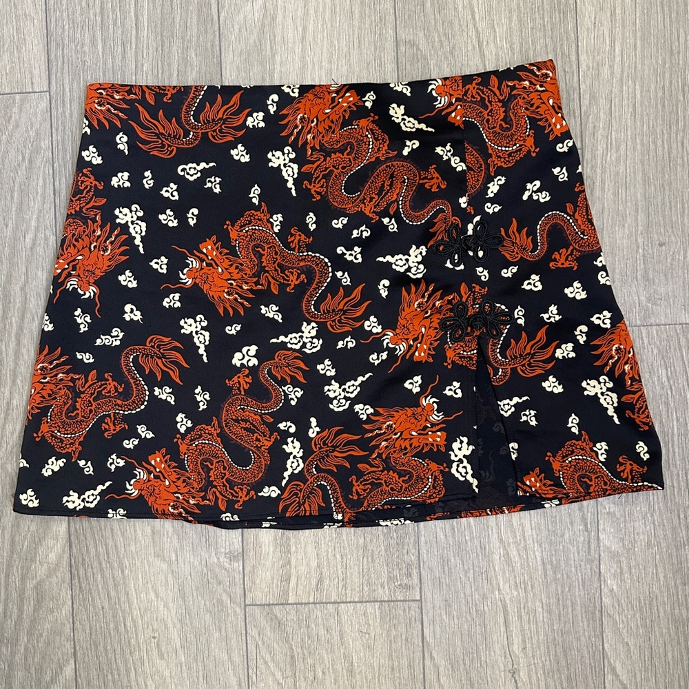 Zara Dragon Print Wrap Mini Skirt Black Red Asian Inspired Y2K Size Large